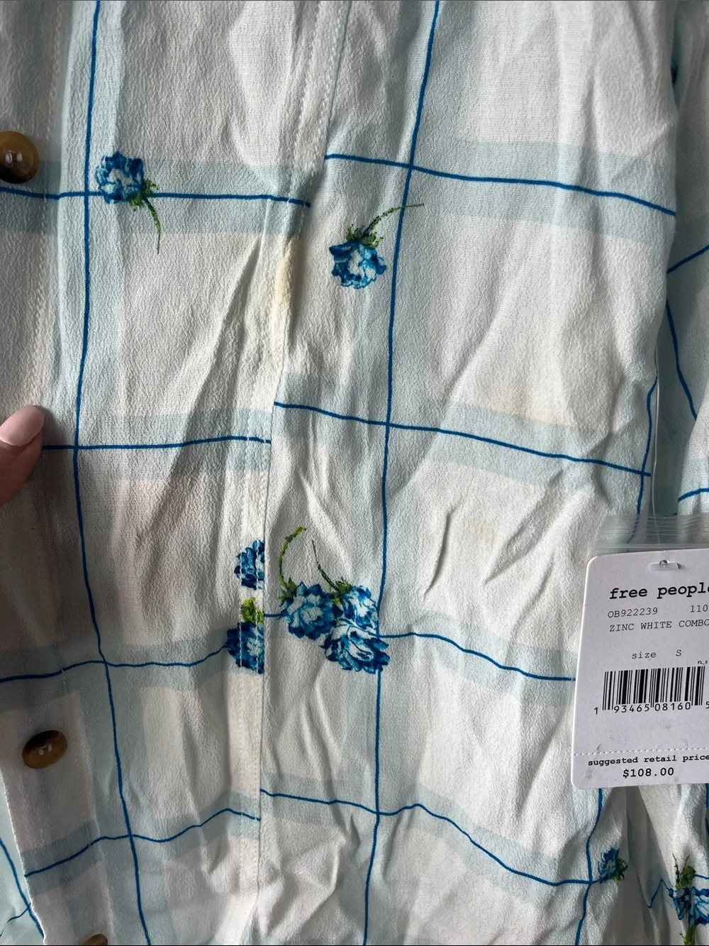 Women’s Free People Light Blue Floral Check Button-Up Shirt